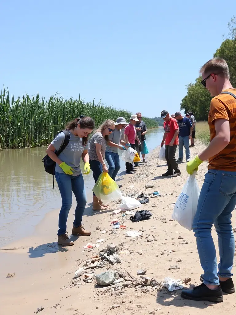 Volunteers cleaning up a mountain trail, collecting litter and debris, with Montagne en Selle banners visible in the background. The image should highlight community involvement and environmental stewardship.