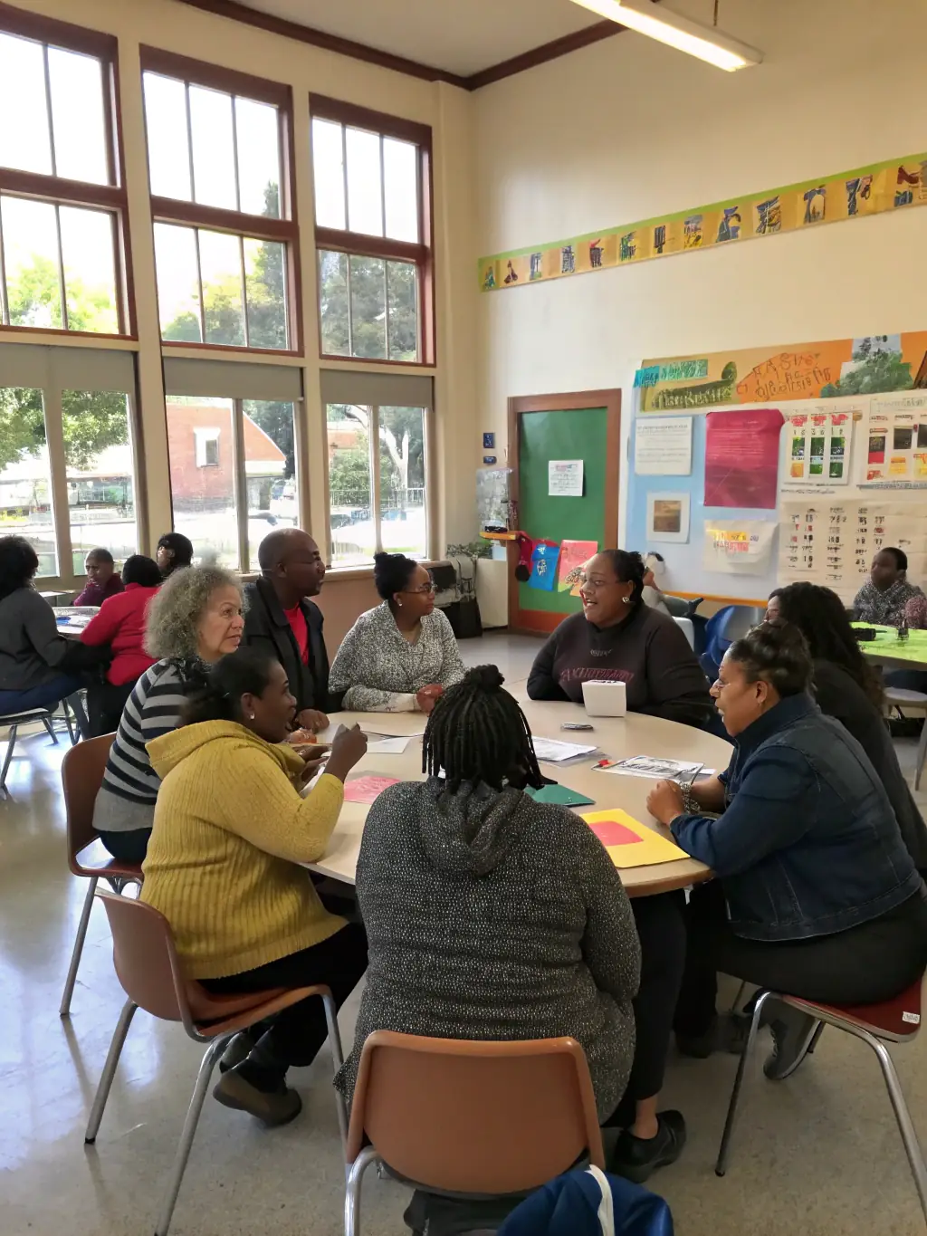 A diverse group of people engaged in a workshop learning about responsible outdoor practices, with Montagne en Selle materials and resources displayed. The image should convey inclusivity and education.