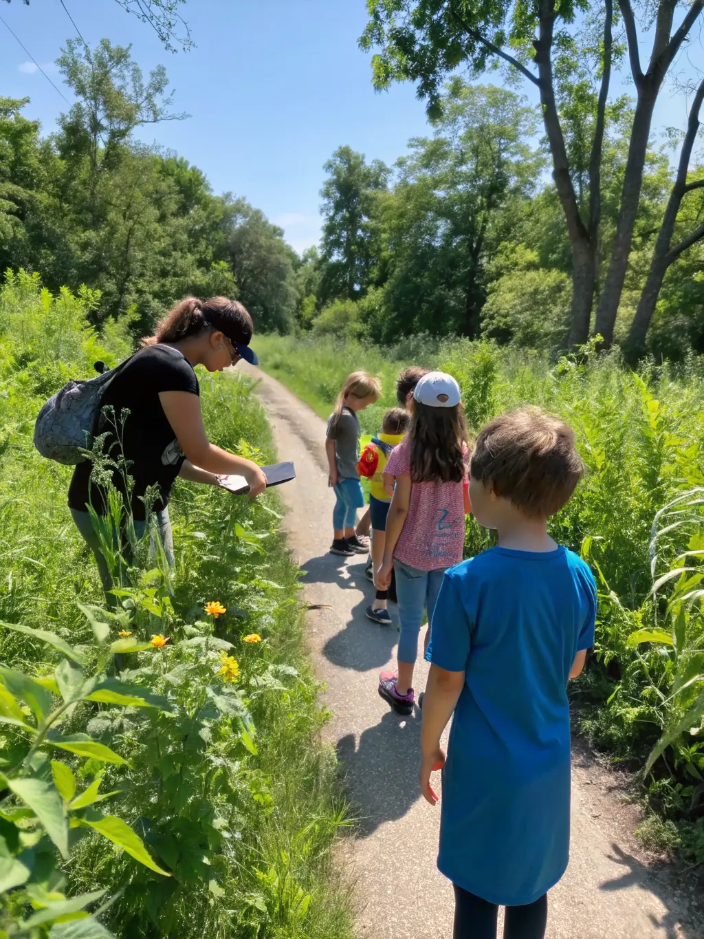 A group of children participating in a nature walk, led by a Montagne en Selle instructor, in a lush forest setting. The image should convey a sense of discovery and environmental education.