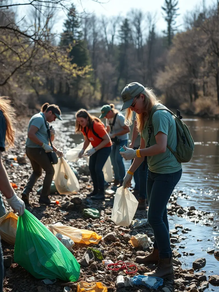 A community cleanup event organized by MONTAGNE EN SELLE, showing volunteers collecting trash and debris from a local park or natural area.