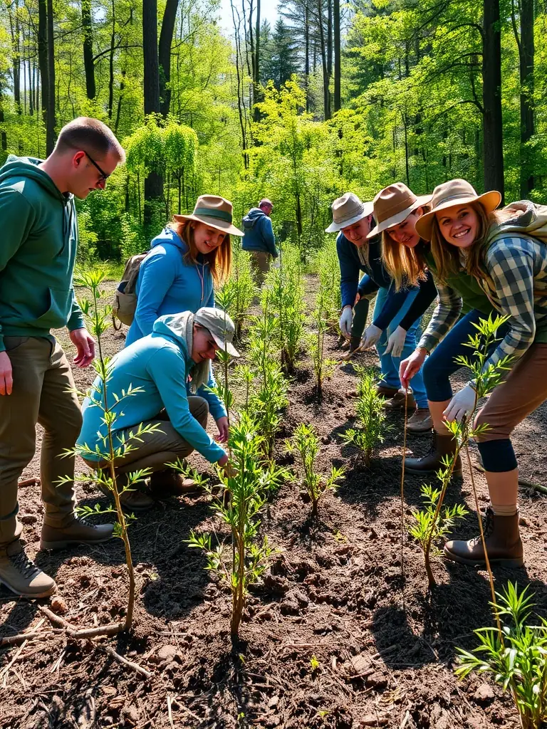 A vibrant photo of volunteers planting trees in a deforested area, symbolizing MONTAGNE EN SELLE's commitment to reforestation and environmental restoration.