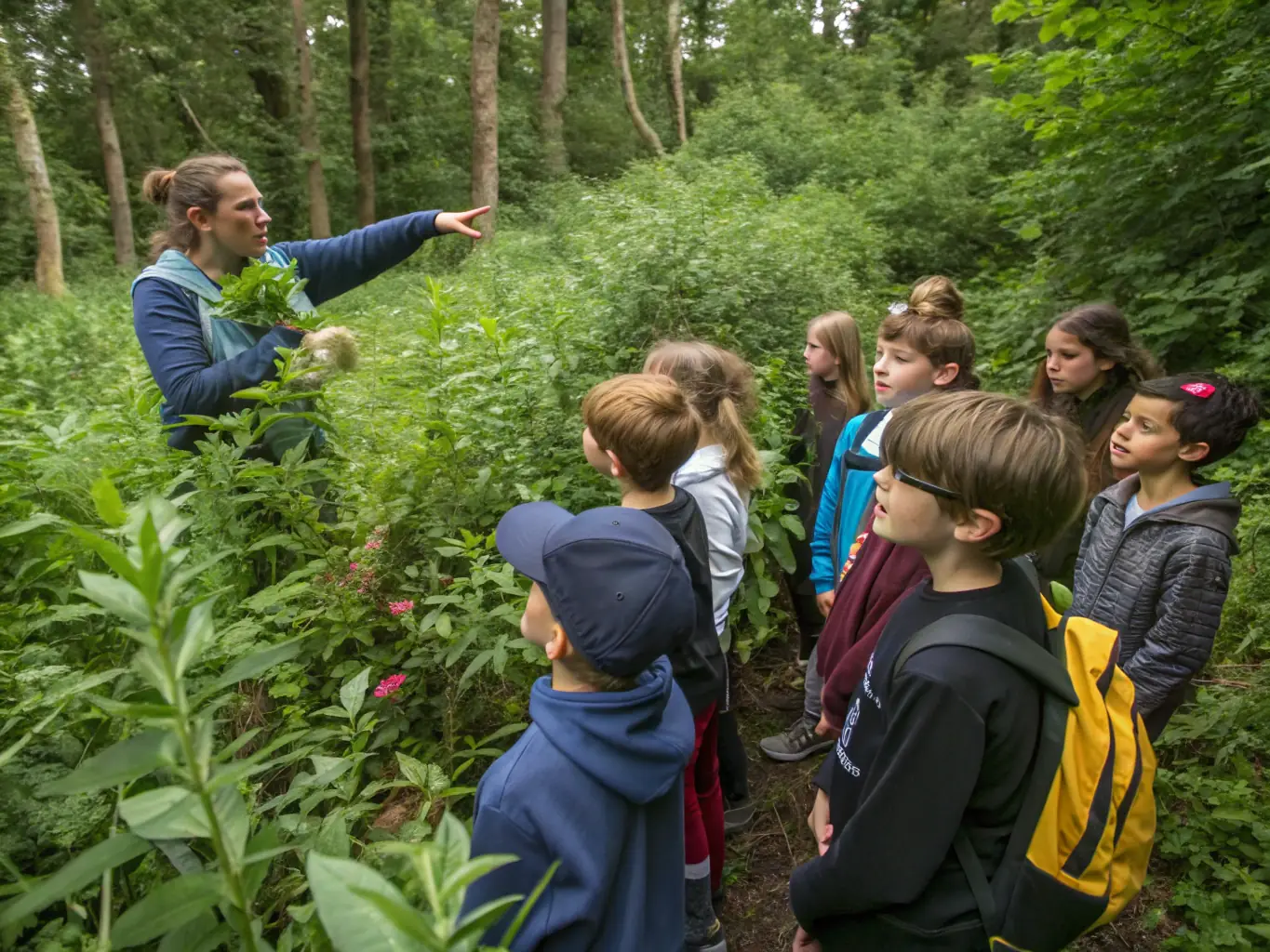 A group of children participating in a nature walk, learning about local flora and fauna, with a MONTAGNE EN SELLE instructor guiding them.