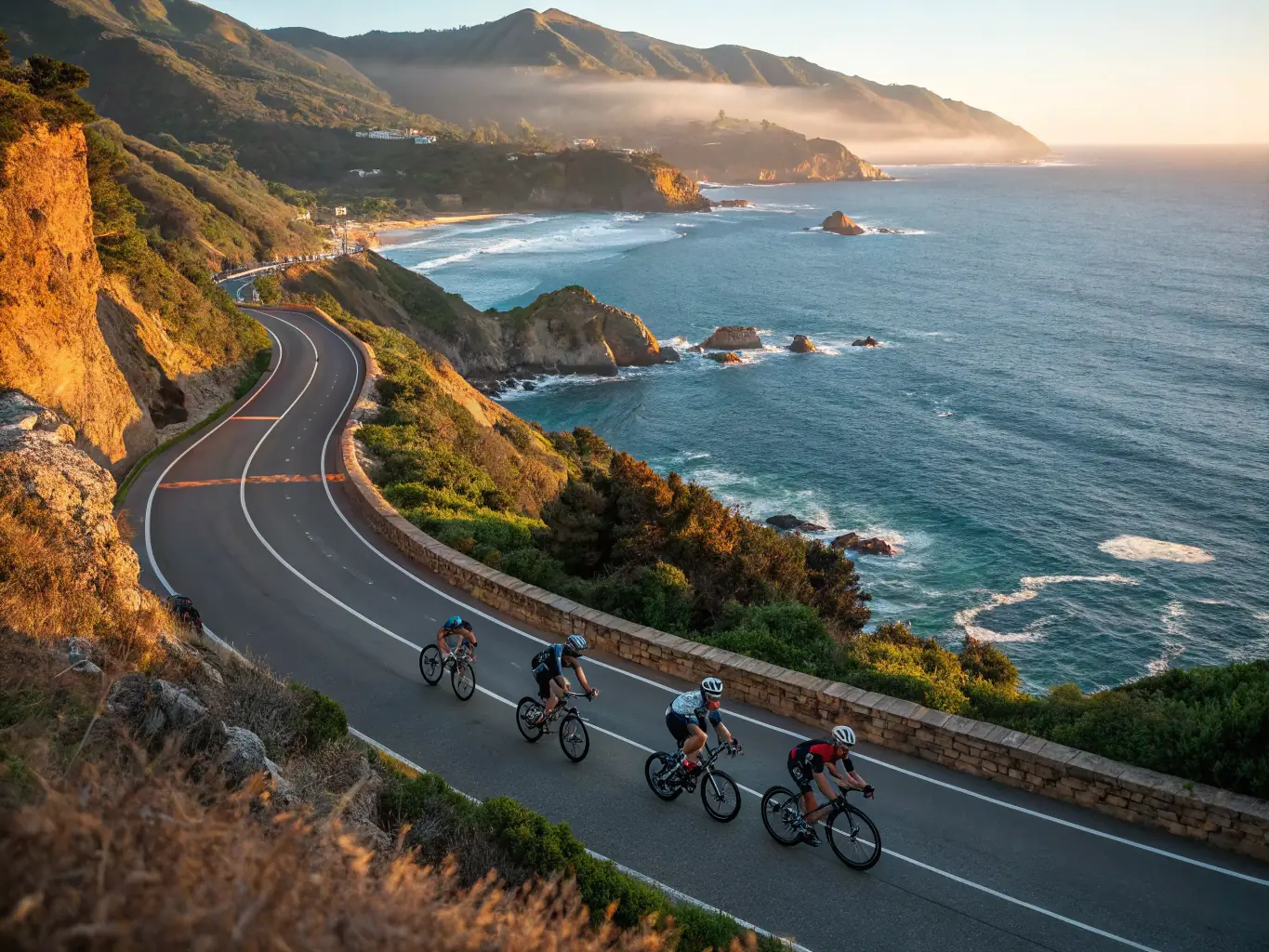 People cycling through a scenic route, promoting active transport and sustainable lifestyles, with MONTAGNE EN SELLE branding visible.