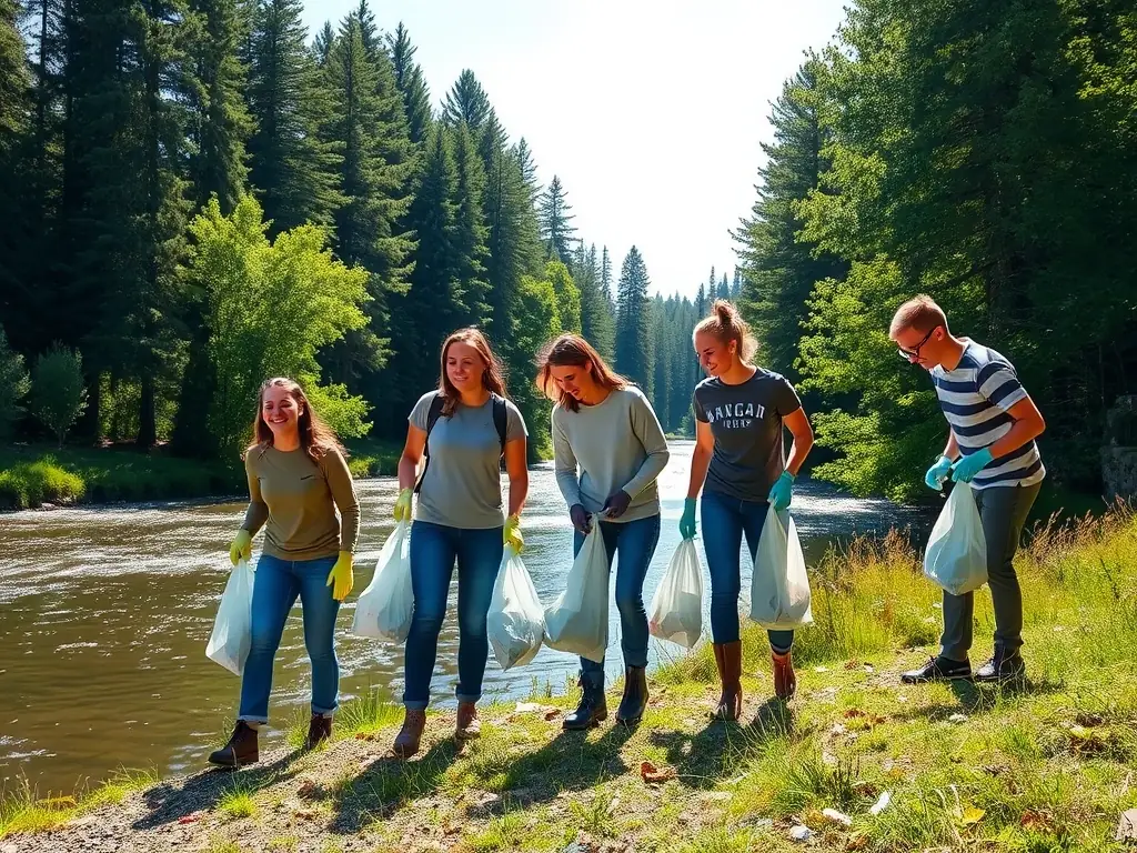 Volunteers cleaning up a local trail, removing litter and maintaining the natural environment, showcasing MONTAGNE EN SELLE's commitment to responsible outdoor activities.